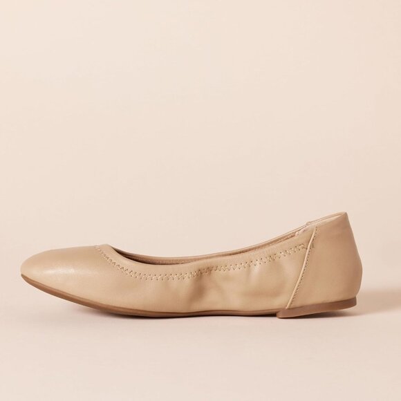 Womens Beige Closed Rounded Toe Slip On Low Wedge Heel Belice Ballet Flat Shoes - Picture 4 of 6